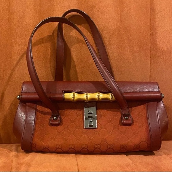 Gucci Red GG Canvas and Leather Bamboo Bullet Bag - Picture 3 of 5